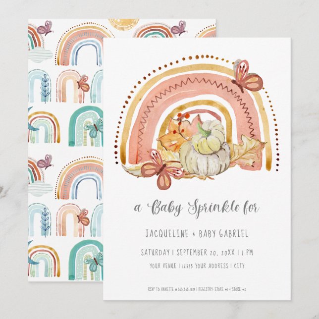 Invitation Chute Citrouille Foliage Arc-en-ciel Moustard Pêch (Devant / Derrière)