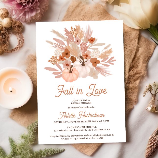 Invitation Chute d'amour beige floral boho chic douche nuptia (Fall in love beige floral boho chic bridal shower invitation on white)