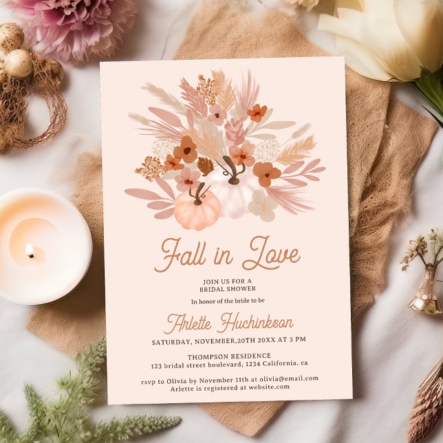 Invitation Chute d'amour beige floral boho chic douche nuptia (Fall in love beige floral boho chic bridal shower invitation on pastel pink)