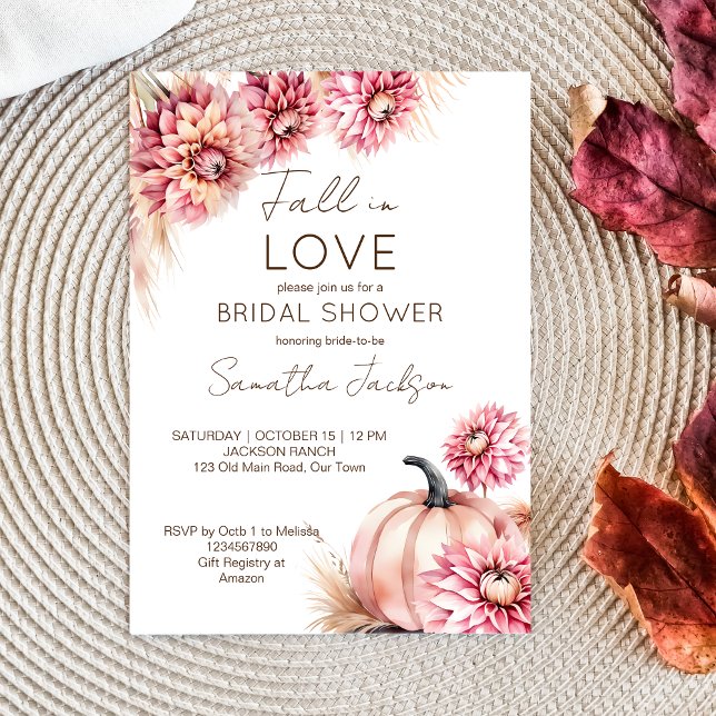 Invitation Chute d'amour boho citrouille dahlias nuptiale dou (Fall in love bridal shower template invitation earthy boho desert pink pumpkins and dahlias pampas)