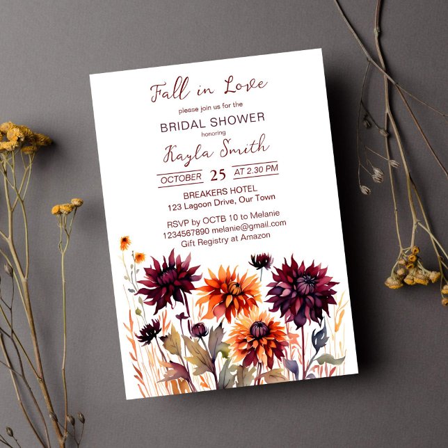 Invitation Chute d'amour burgundy orange dahlias nuptiale (Fall in love bridal shower template invitations instant download burgundy and orange dahlias )
