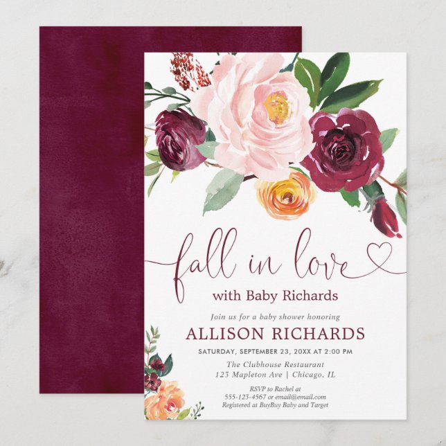 Invitation Chute d'amour chute floral bordeaux baby shower fi (Devant / Derrière)