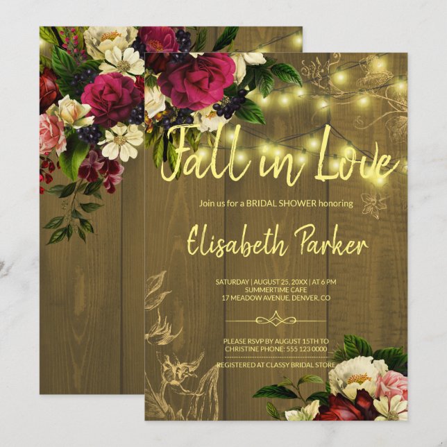 Invitation Chute d'amour lumières dorées douche nuptiale fleu (Devant / Derrière)