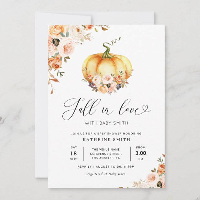 Invitation Chute d'amour or baby shower floral blush (Devant)