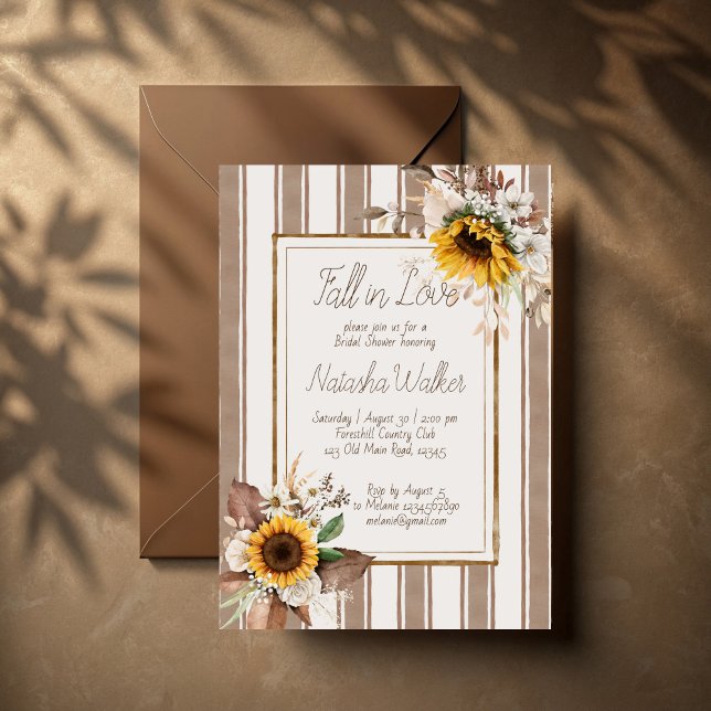 Invitation Chute d'amour tournesol brun rayé nuptiale douche (Fall in love sunflowers brown stripes bridal shower invitation template terracotta retro invites)