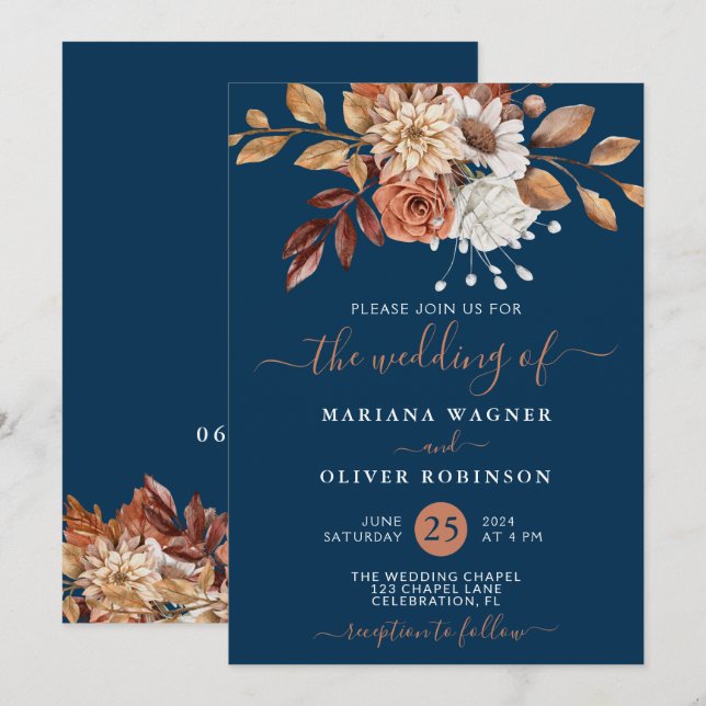 Invitation Chute d'aquarelle Floral sur Mariage bleu marine (Devant / Derrière)