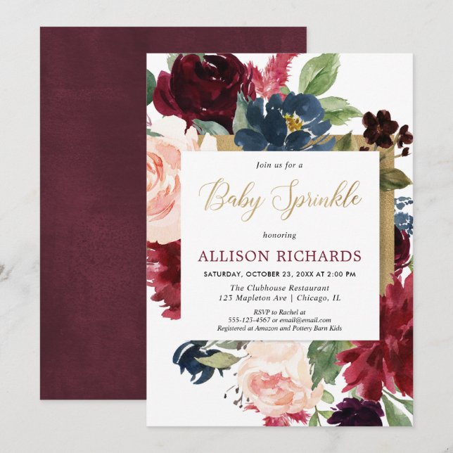 Invitation Chute d'or bordeaux aquarelle florale bébé saupoud (Devant / Derrière)