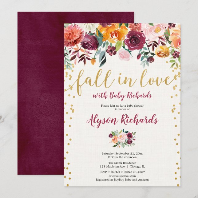 Invitation Chute d'or Bourgogne amour baby shower floral (Devant / Derrière)