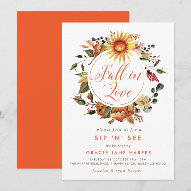 Invitation Chute en amour Automne Wreath Sip & See (Devant / Derrière)