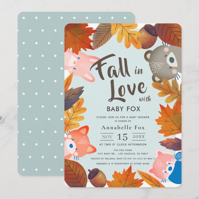 Invitation Chute en amour Bois Animaux Baby shower bleu (Devant / Derrière)