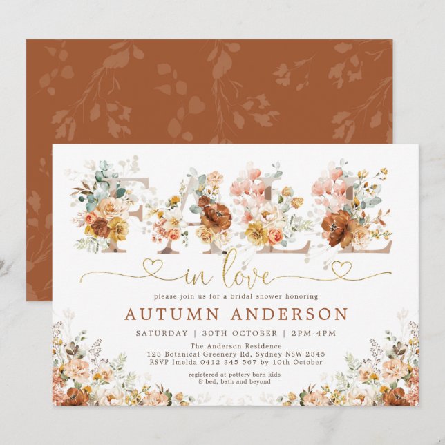 Invitation Chute en amour Burnt Orange Floral Fête des mariée (Devant / Derrière)