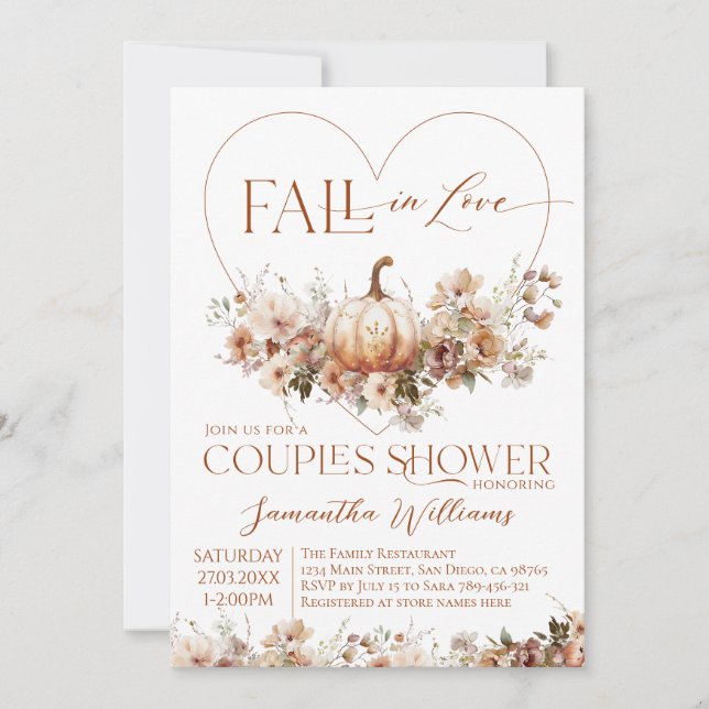 Invitation Chute en amour Citrouille Fleur sauvage Couples Do (Devant)