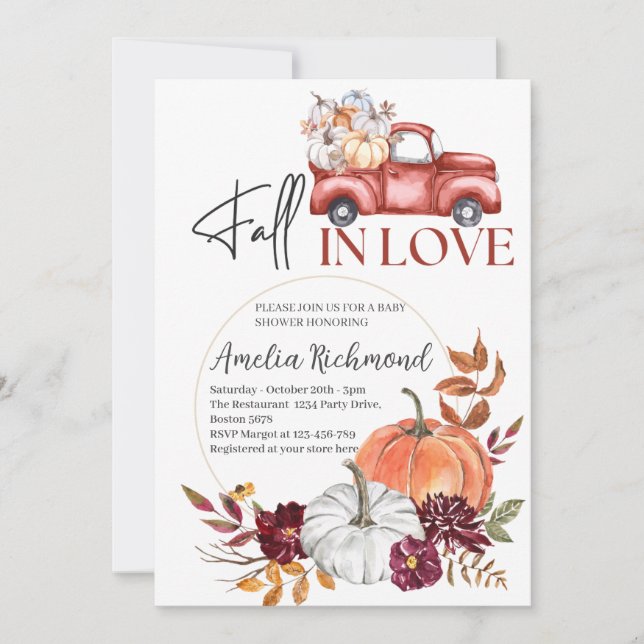Invitation Chute en amour Citrouille rouge Pickup Baby shower (Devant)