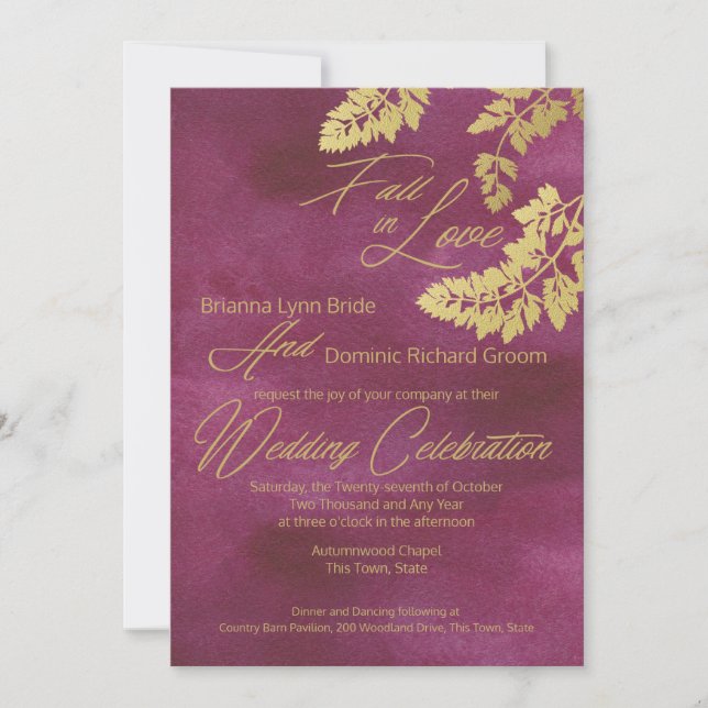Invitation Chute en Amour Cranberry et Gold Feuille Mariage (Devant)