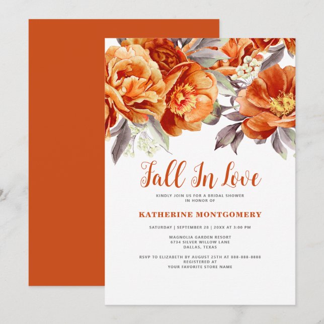 Invitation Chute En Amour Élégante Fête des mariées Florale O (Devant / Derrière)