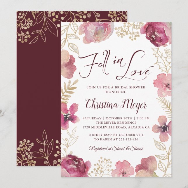 Invitation Chute en amour Fête des mariées Florale violet or (Devant / Derrière)