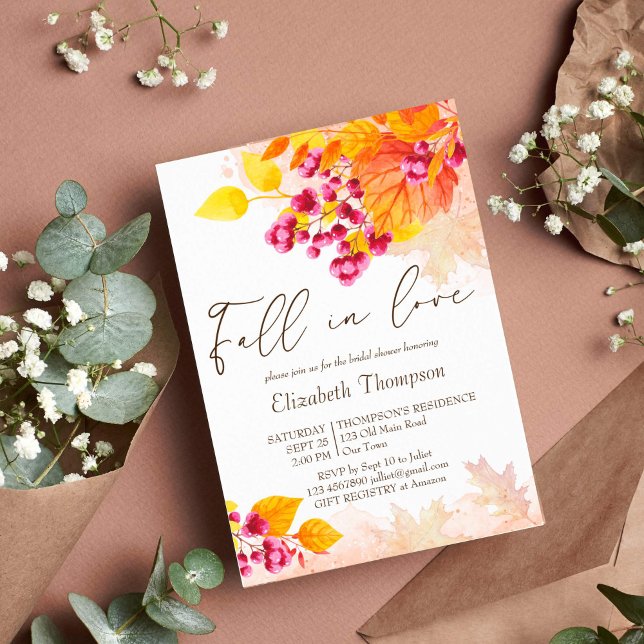 Invitation Chute en amour feuillage automne nuptiale douche i (Fall in love autumn bridal shower invitation template watercolor foliage berries instant download)