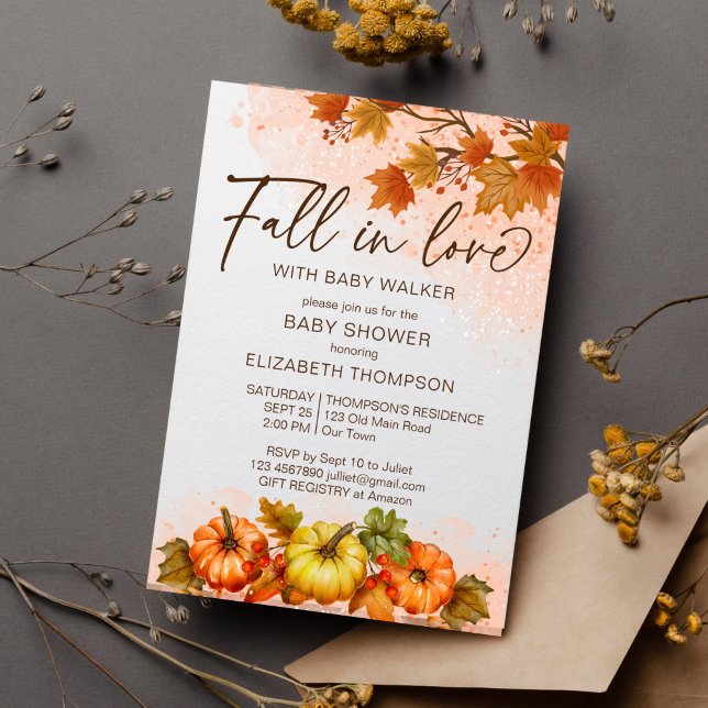 Invitation Chute en amour feuillage citrouille baby shower mo (Fall in love baby shower template invitation watercolor pumpkins autumn foliage maple leaves)
