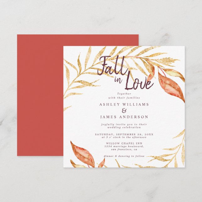 Invitation Chute en amour Feuillage doré Automne Mariage roug (Devant / Derrière)
