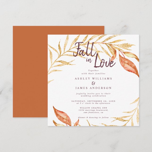Invitation Chute en amour Feuillage doré Mariage orange brûlé (Devant / Derrière)
