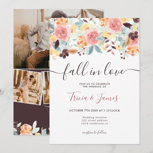 Invitation Chute en amour floral rustique initiales photo mar (Devant / Derrière)