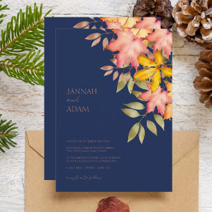 Invitation Chute en amour Marine Bleu Automne Feuilles Mariag