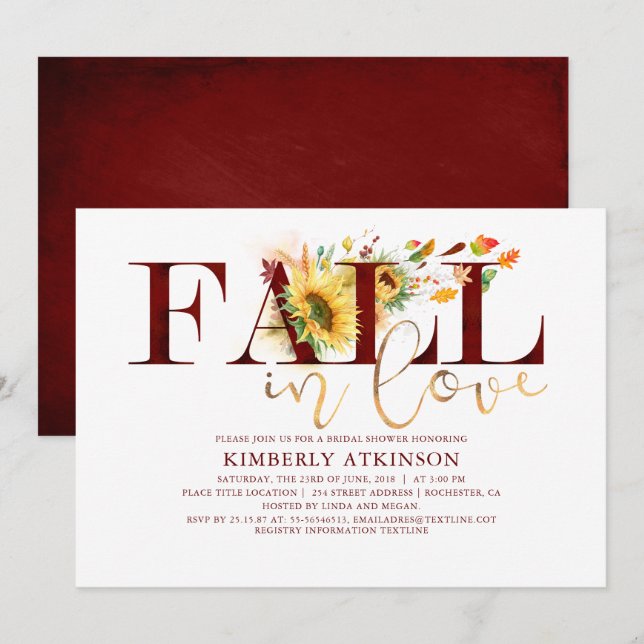 Invitation Chute en amour Sunflower Bourgogne Chic Fête des m (Devant / Derrière)
