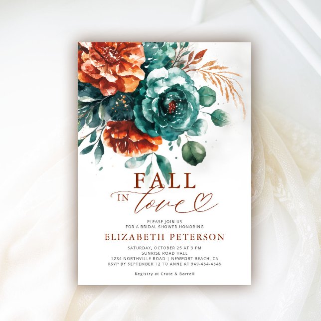 Invitation Chute en amour Turquoise Fête des mariées de bois  (fall in love bridal shower invitation teal burnt orange terracotta watercolor floral pampas boho)