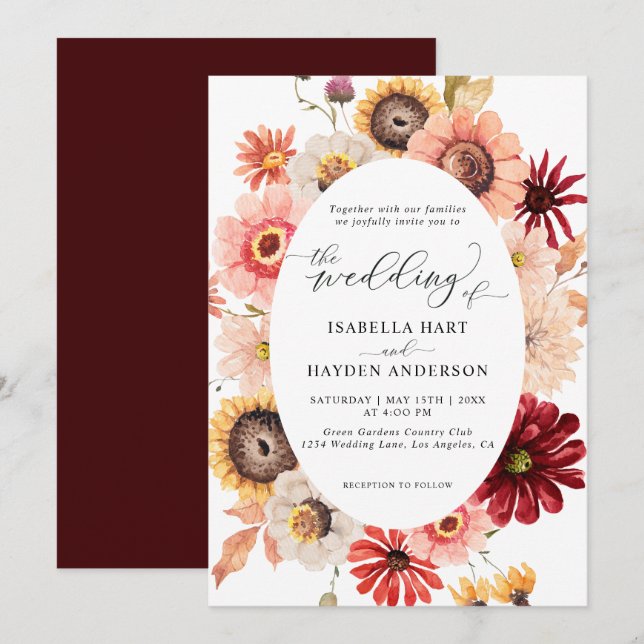 Invitation Chute Fleurs Fleurs de soleil et Mariage Bourgogne (Devant / Derrière)
