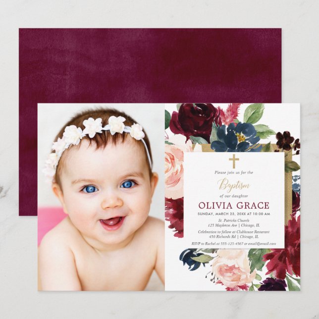Invitation Chute floral bordeaux blush or fille baptisé photo (Devant / Derrière)