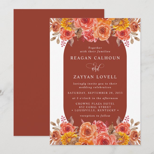 Invitation Chute Floral Terracotta Mariage d'aquarelle (Devant / Derrière)