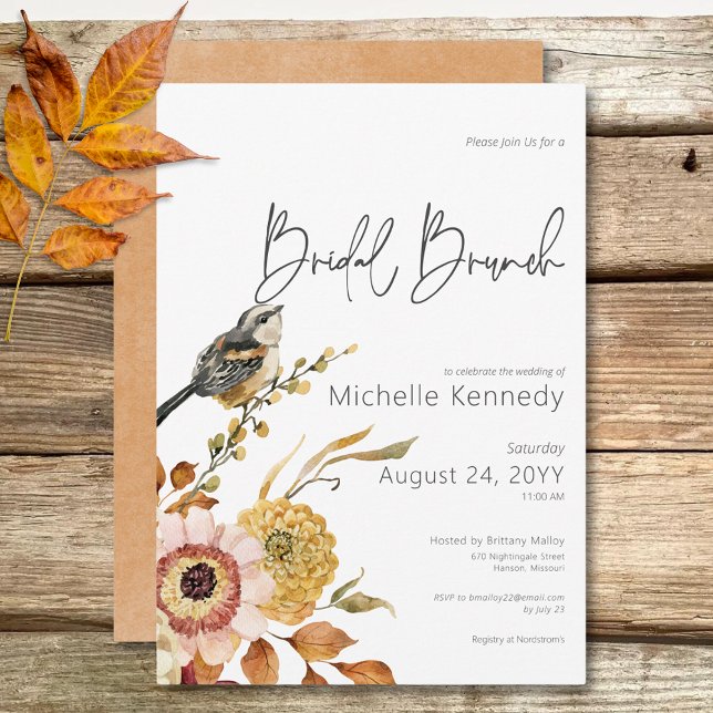 Invitation Chute moderne Floral & Bird Bridal Brunch (Modern Fall Floral & Bird Bridal Brunch Invitation)