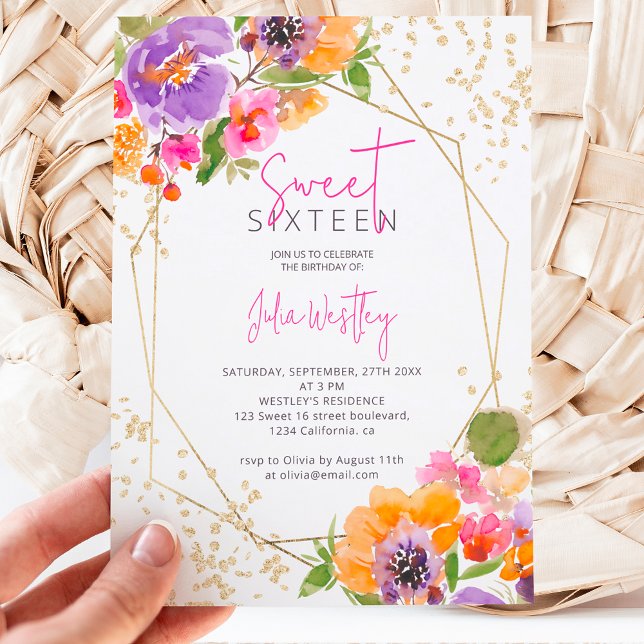 Invitation Chute rose or floral aquarelle photo Sweet 16 (Créateur téléchargé)