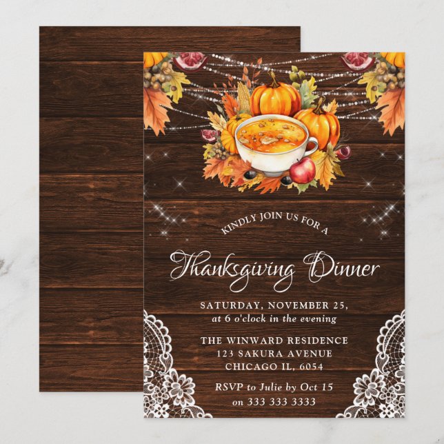 Invitation Chute rustique torréfié Turquie bois Thanksgiving (Devant / Derrière)