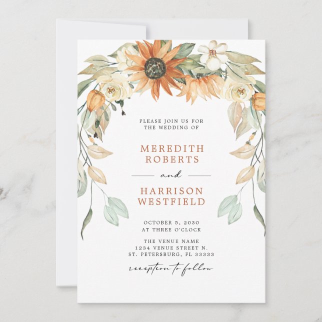 Invitation Chute Sunflower Wreath QR Code RSVP Automne Mariag (Devant)