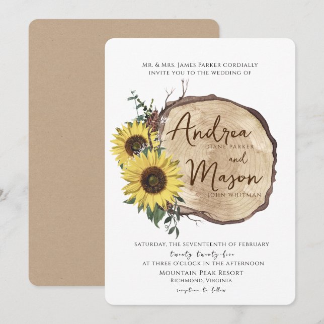 Invitation Chute Sunflowers Bois Slice Russe Mariage Invitati (Devant / Derrière)