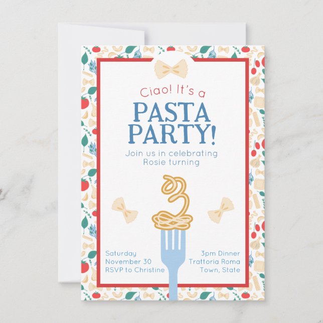 Invitation Ciao 3ème anniversaire Pasta Party Italien Bow (Devant)