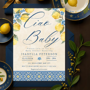 Invitation Ciao Baby Baby shower en tuiles bleues italiennes