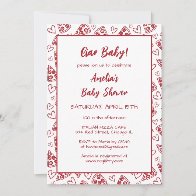 Invitation Ciao Baby ! Baby shower rouge de la fête de la piz (Devant)