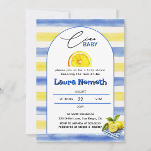 Invitation Ciao Baby Bleu & Jaune Rayures Fête de Naissance d