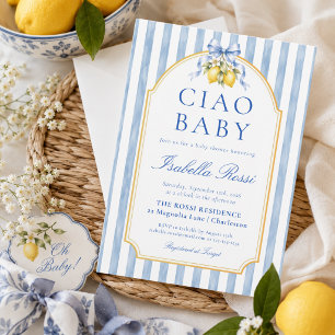Invitation Ciao Baby Blue Rayures Italien Citron