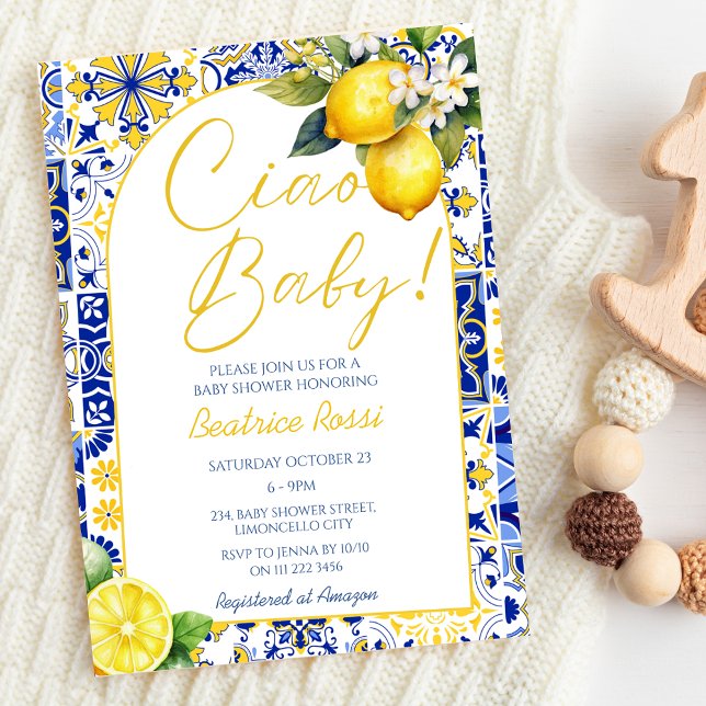 Invitation Ciao Baby Carreaux Bleus Citron Amalfi Baby shower (Ciao Baby Blue Tiles Lemon Amalfi Arch Baby Shower Invitation)