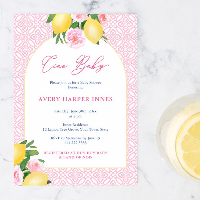 Invitation Ciao Baby Citrons rose Baby shower inspiré par l'I (Ciao Baby Girl! Italian inspired Pink tiles, lemons & florals baby shower party invitation design)