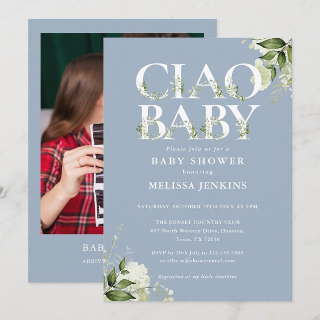 Invitation Ciao Baby Green Photo Baby shower bleu Dusty (Devant / Derrière)