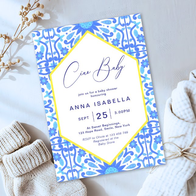 Invitation Ciao Baby Italien Carrelage bleu Baby shower jaune (Créateur téléchargé)