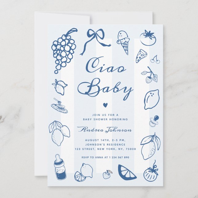 Invitation Ciao Baby Italien main tiré Baby shower citron (Devant)