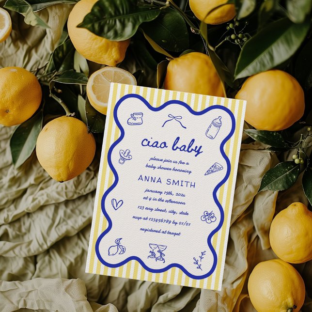 Invitation Ciao Baby Lemon Italien Main Tirée Baby shower (Ciao Baby Italian Inspired Baby Shower Hand Drawn Citrus Lemon Ciao Bambino Pizza Party Aesthetic)