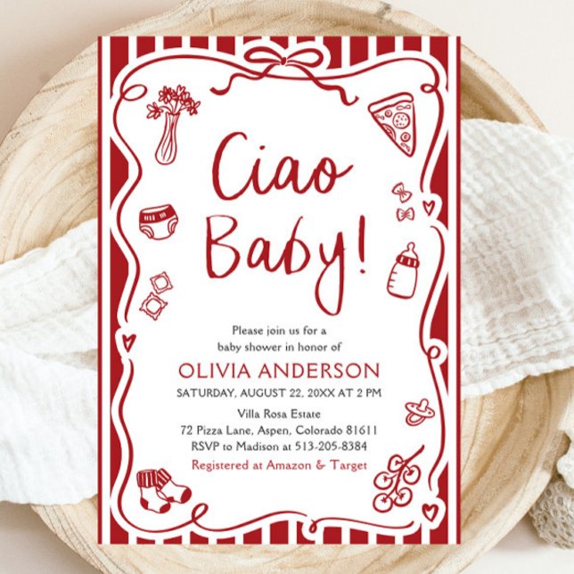 Invitation Ciao Baby Whimsical Italien Pizza Baby shower mign (Watercolor Ciao Baby Whimsical Italian Pizza Cute Baby Shower Invitation)