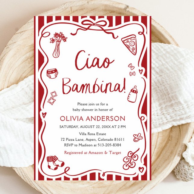 Invitation Ciao Bambina Girl Whimsical Baby shower italien (Watercolor Ciao Bambina Girl Whimsical Italian Baby Shower Invitation)