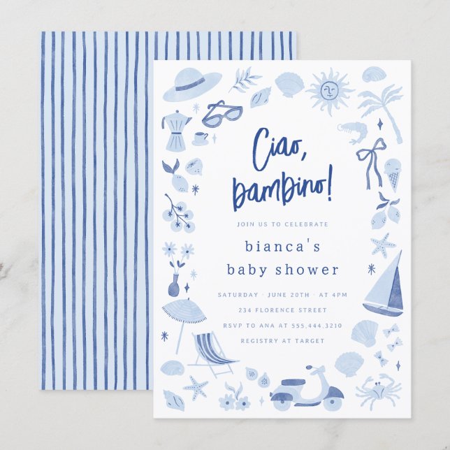 Invitation Ciao Bambino Italian Blue Boy Baby Shower (Devant / Derrière)